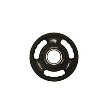 Load image into Gallery viewer, Picture of a single TPU weight plate. It is circular, black with three handle around the sides. It has a StrongOx logo on it along with the weight (1.25kg)