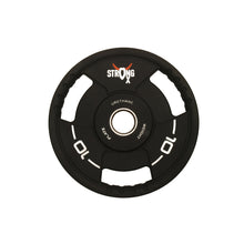 Load image into Gallery viewer, Picture of a single TPU weight plate. It is circular, black with three handle around the sides. It has a StrongOx logo on it along with the weight (10kg)