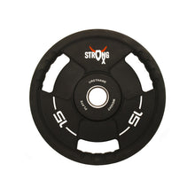 Load image into Gallery viewer, Picture of a single TPU weight plate. It is circular, black with three handle around the sides. It has a StrongOx logo on it along with the weight (15kg)