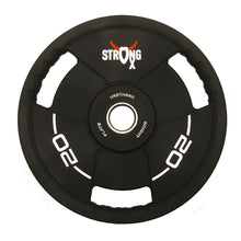 Load image into Gallery viewer, Picture of a single TPU weight plate. It is circular, black with three handle around the sides. It has a StrongOx logo on it along with the weight (20kg)