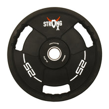 Load image into Gallery viewer, Picture of a single TPU weight plate. It is circular, black with three handle around the sides. It has a StrongOx logo on it along with the weight (25kg)