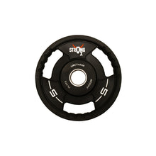 Load image into Gallery viewer, Picture of a single TPU weight plate. It is circular, black with three handle around the sides. It has a StrongOx logo on it along with the weight (5kg)