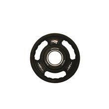 Load image into Gallery viewer, Picture of a single TPU weight plate. It is circular, black with three handle around the sides. It has a StrongOx logo on it along with the weight (1.25kg)
