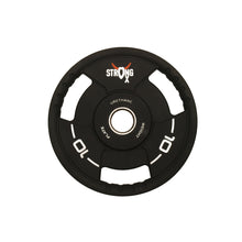 Load image into Gallery viewer, Picture of a single TPU weight plate. It is circular, black with three handle around the sides. It has a StrongOx logo on it along with the weight (10kg)
