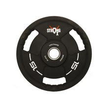 Load image into Gallery viewer, Picture of a single TPU weight plate. It is circular, black with three handle around the sides. It has a StrongOx logo on it along with the weight (15kg)
