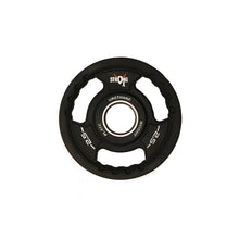 Load image into Gallery viewer, Picture of a single TPU weight plate. It is circular, black with three handle around the sides. It has a StrongOx logo on it along with the weight (2.5kg)
