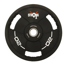 Load image into Gallery viewer, Picture of a single TPU weight plate. It is circular, black with three handle around the sides. It has a StrongOx logo on it along with the weight (20kg)
