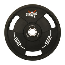 Load image into Gallery viewer, Picture of a single TPU weight plate. It is circular, black with three handle around the sides. It has a StrongOx logo on it along with the weight (25kg)
