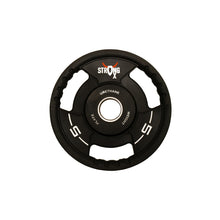 Load image into Gallery viewer, Picture of a single TPU weight plate. It is circular, black with three handle around the sides. It has a StrongOx logo on it along with the weight (5kg)
