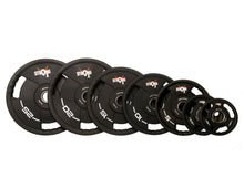 Load image into Gallery viewer, Picture of 6 TPU StrongOx Branded Weight plates. Black rubber weight plates, with three handle grips around the sides. 
